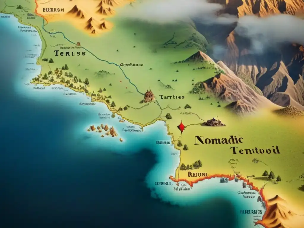 Mapa vintage detallado de territorios controlados por tribus nómadas, con rutas, asentamientos y características geográficas