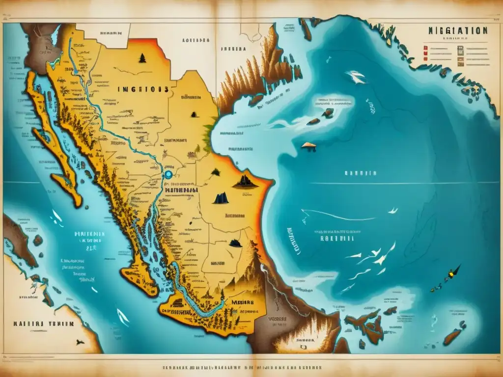 Mapa vintage detallado de migración tribus en climas extremos, evocando historia y adaptación económica tribus climas extremos