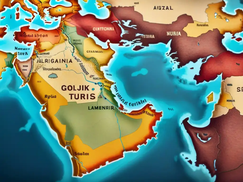 Mapa vintage detallado de la expansión turcos selyúcidas en Medio Oriente, con tonos dorados y burdeos resaltando imperio y ciudades clave