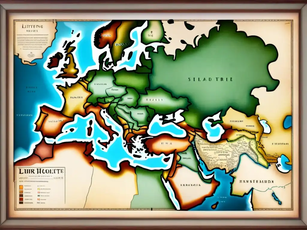 Mapa detallado del Imperio Timurí: grandiosidad histórica Mapa vintage detallado del vasto Imperio Timurid en su apogeo, con fronteras, ciudades clave y rutas comerciales, en tonos de pergamino desgastado