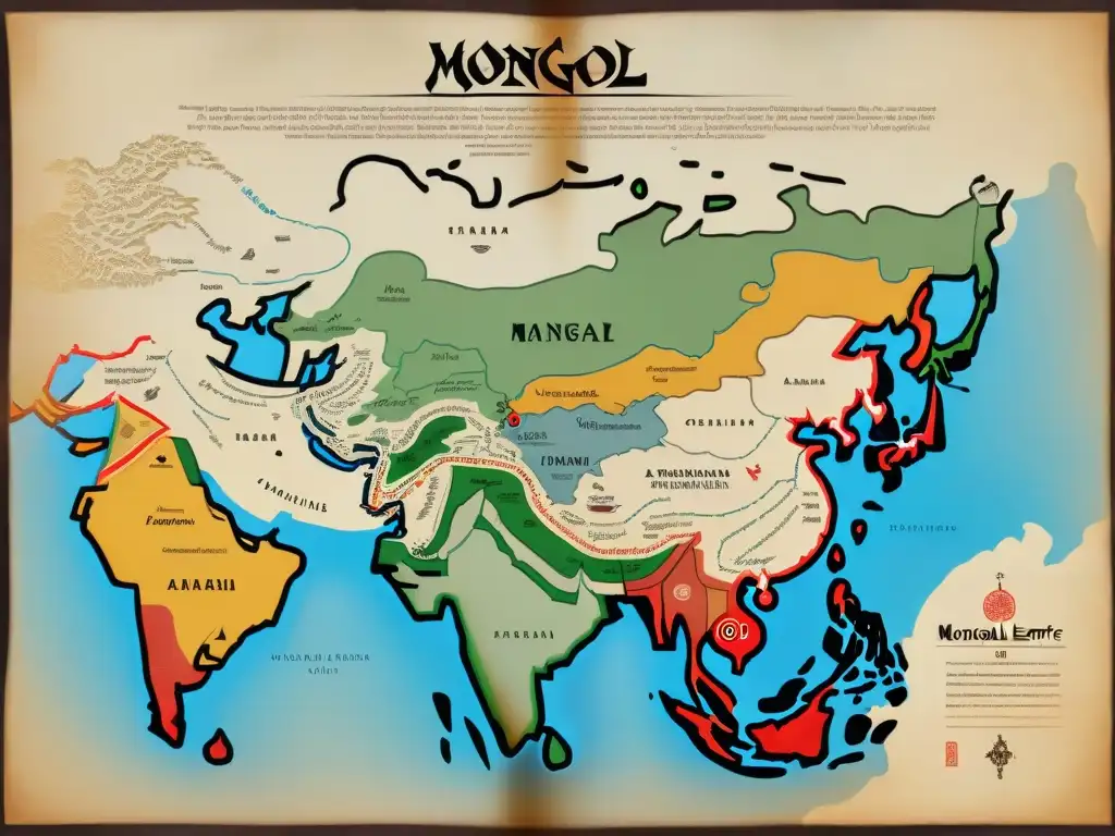 Mapa vintage detallado del vasto Imperio Mongol con alianzas estratégicas