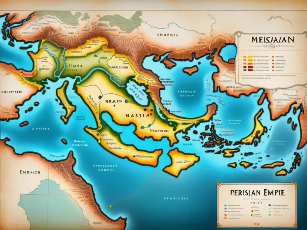 Mapa vintage detallado del vasto Imperio Persa de Ciro el Grande con tribus nómadas en la historia