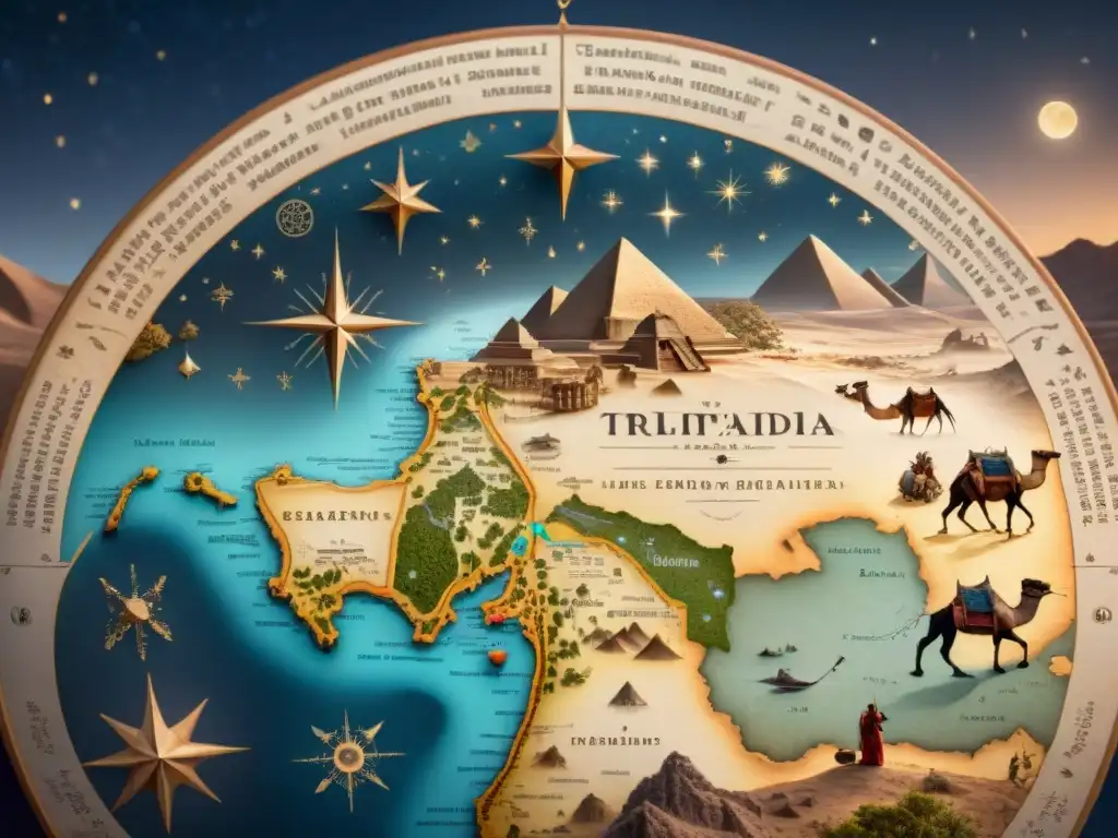 Mapa vintage detallando la economía nómada: caravanas de camellos y tribus intercambiando recursos bajo la luna llena