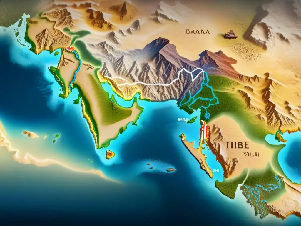 Mapa vintage de las estrategias militares de tribus nómadas en la Ruta de la Seda, con ilustraciones detalladas de caravanas y puestos fortificados