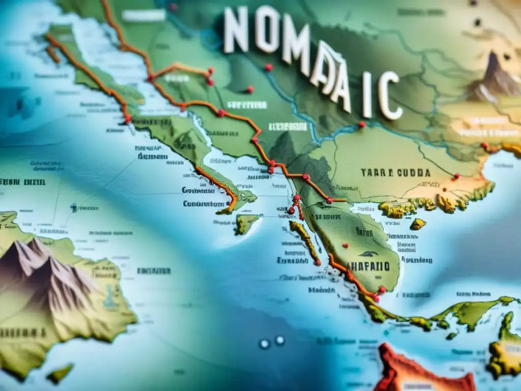 Mapa vintage detallando la planificación estratégica de líderes nómadas en tonos terrosos desgastados