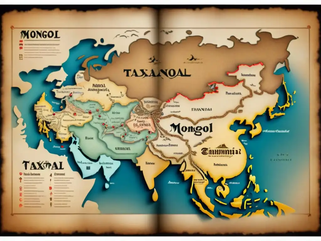 Mapa vintage detallando las finanzas en el imperio mongol: divisiones territoriales, centros de recaudación y rutas comerciales en tonos sepia