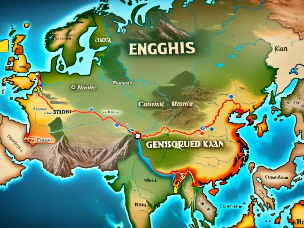 Mapa vintage del imperio de Genghis Khan con estrategias militares tribus nómadas