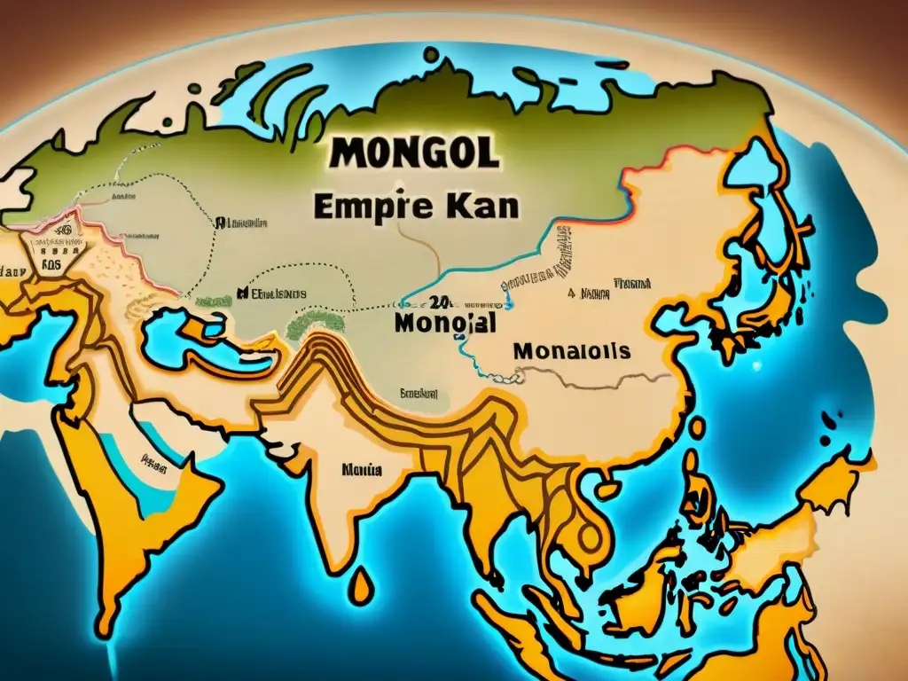 Mapa vintage del Imperio Mongol con legado económico tribus nómadas Gengis Khan