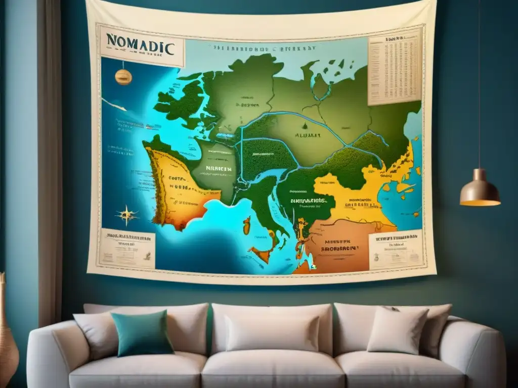 Un mapa vintage intrincado que muestra las rutas de tribus nómadas antiguas entrelazadas con símbolos matemáticos, fusionando movilidad y conocimiento matemático en una obra visualmente cautivadora y rica en historia