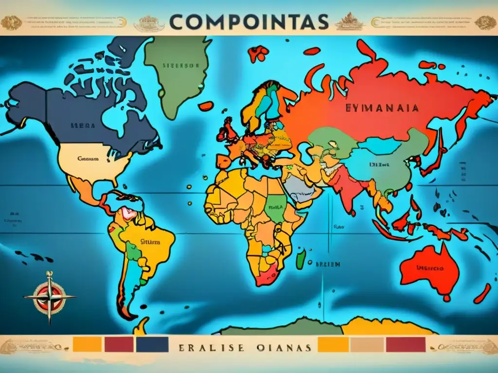 Mapa vintage del mundo con detalles de idiomas y banderas coloridas