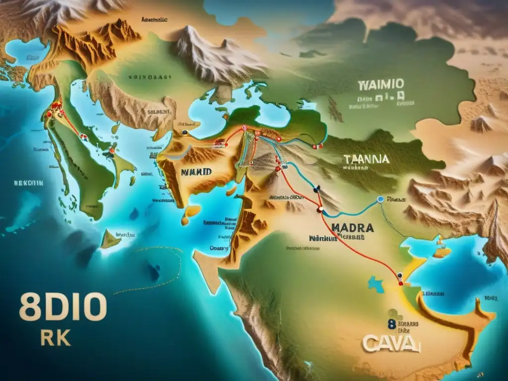 Mapa vintage de la Ruta de la Seda con influencia nómada, detallando rutas y ciudades en tonos sepia desgastados