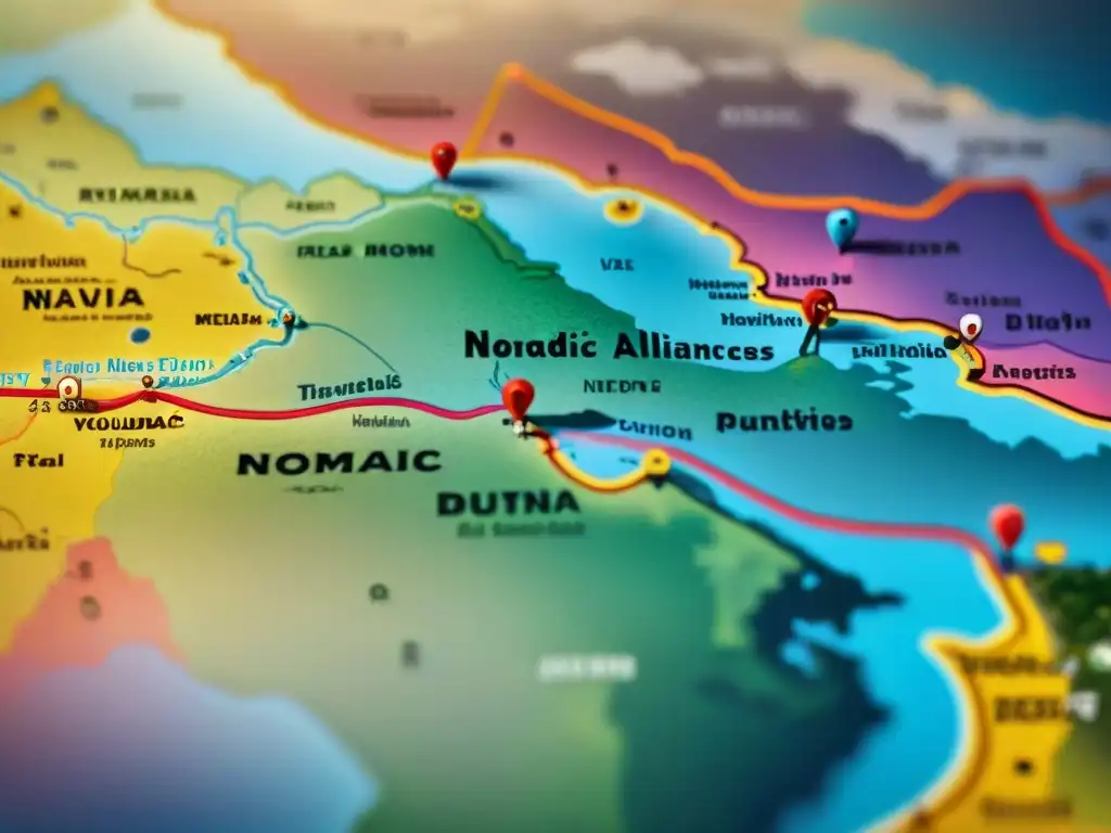 Mapa vintage detallando rutas de alianzas nómadas, colores vibrantes y símbolos culturales, representando diversidad y intersección