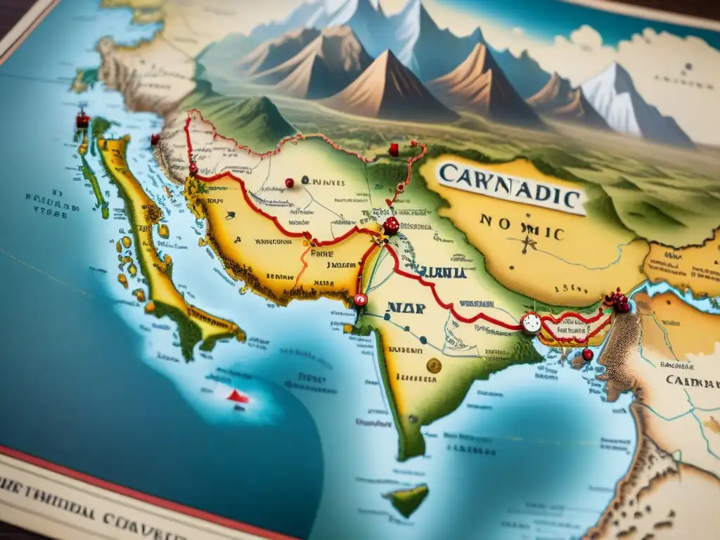 Mapa vintage de rutas comerciales nómadas, influencia en nombres lugares, aventura histórica