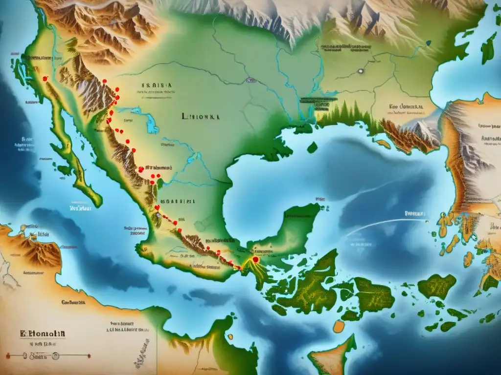 Mapa vintage de rutas de migración de tribus nómadas en las estepas, con incursiones históricas y asentamientos dispersos