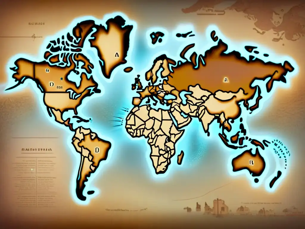 Mapa vintage de rutas de migración de tribus nómadas con lenguas antiguas y símbolos de conectividad digital