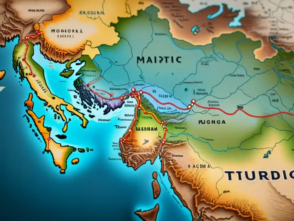 Mapa vintage de rutas migratorias de tribus túrquicas y mongólicas, con detalles lingüísticos y culturales