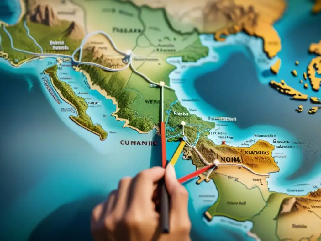 Un mapa vintage detallando rutas migratorias, hitos culturales y puntos de conflicto de tribus nómadas