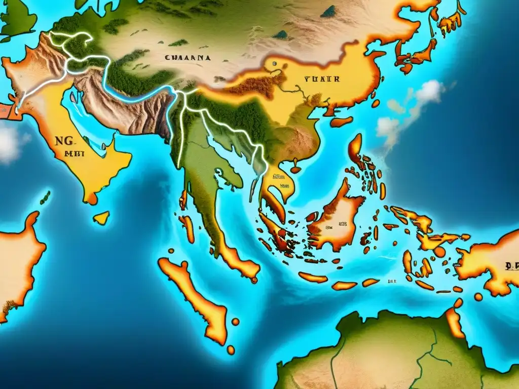 Mapa vintage detallando rutas migratorias de tribus nómadas, con símbolos tribales y tiendas de campaña