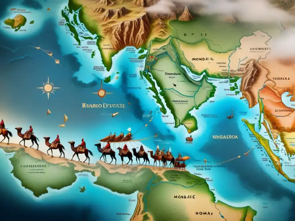 Mapa vintage de rutas migratorias de dinastías nómadas, detallado y envejecido, mostrando el impacto en relaciones internacionales