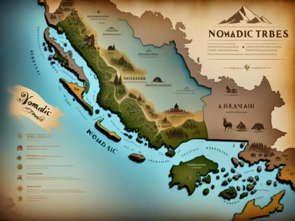 Mapa vintage detallando rutas migratorias de tribus nómadas, con símbolos y estructuras organizativas, en tonos sepia