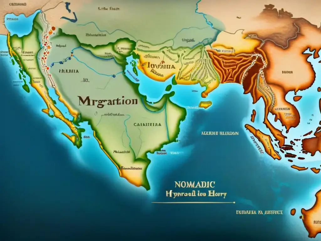 Mapa vintage detallando rutas migratorias de tribus nómadas a lo largo de la historia global