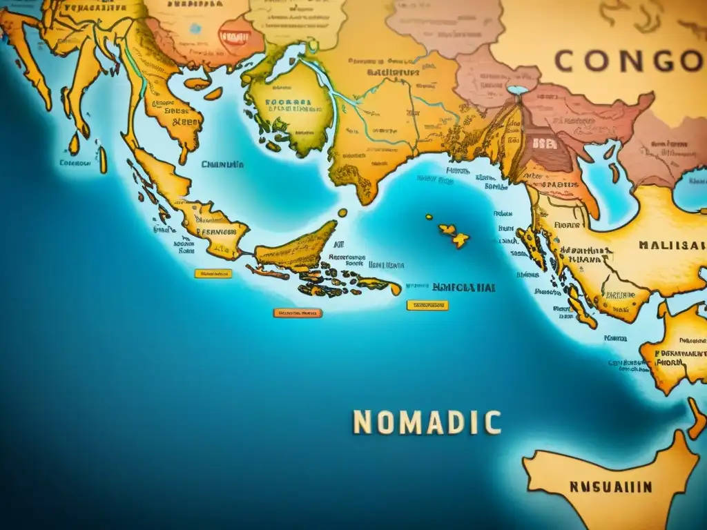 Mapa vintage detallando rutas migratorias de tribus nómadas, destacando idiomas