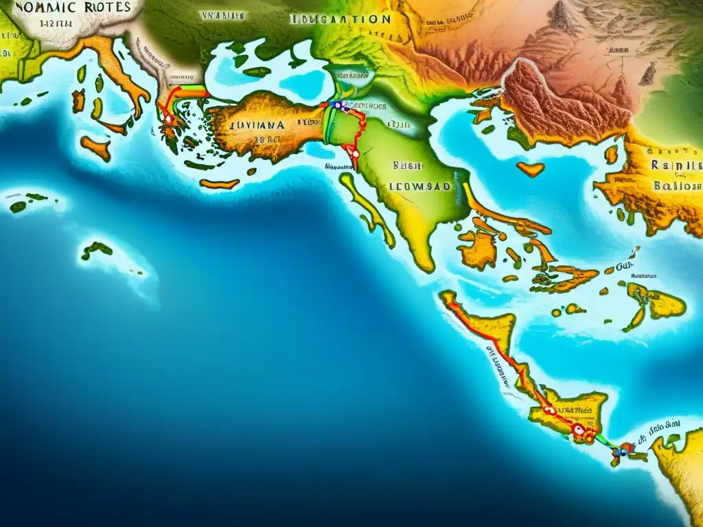 Mapa vintage detallando rutas nómadas, con colores vibrantes y anotaciones en varios idiomas