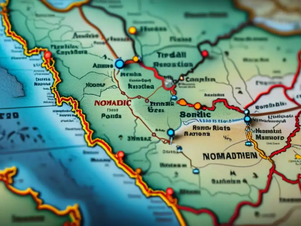 Mapa vintage detallando rutas de tribus nómadas en tonos terrosos, evocando historia y legado cultural