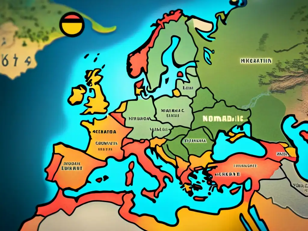 Mapa vintage detallando rutas de tribus nómadas en Europa antigua, conectividad con civilizaciones asentadas