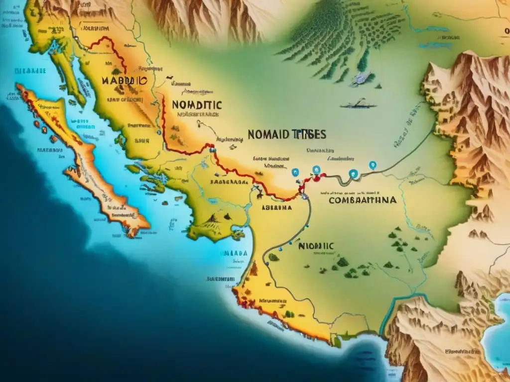 Mapa vintage de tribus nómadas en rutas migratorias, ilustrado con detalle y tonos tierra