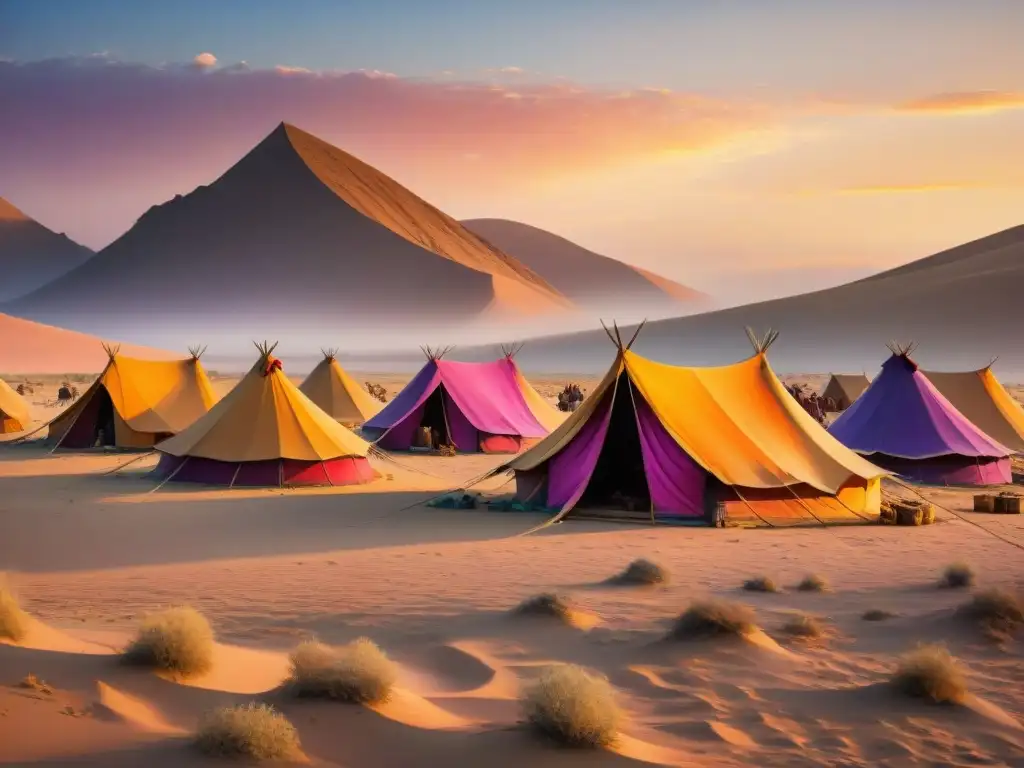 Maravillosa escena de tribu nómada en el desierto dorado al atardecer