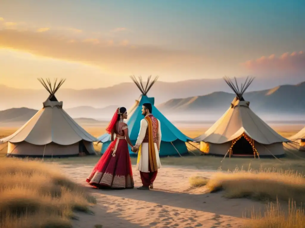Boda tribal en la estepa dorada: unión ancestral y belleza cultural Matrimonio tradicional de tribus nómadas: una boda llena de cultura y belleza en la estepa dorada