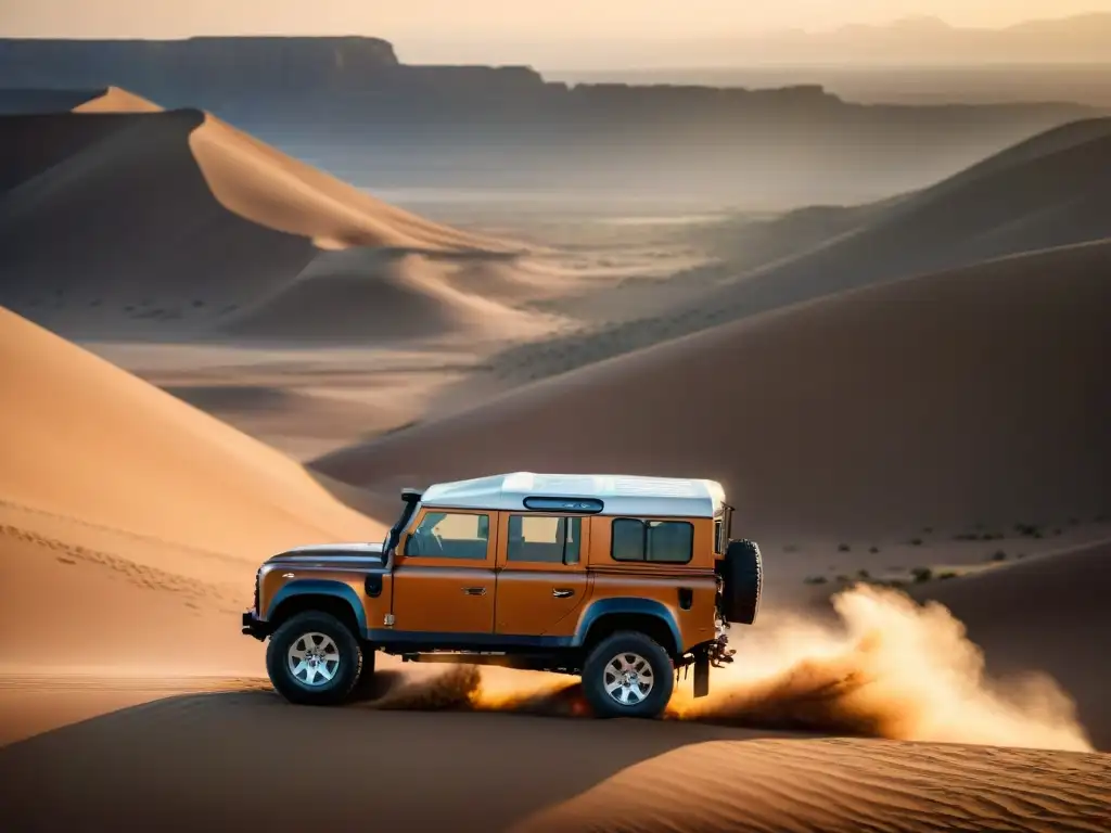 Mejores vehículos 4x4 en un desierto árido al atardecer, con una Land Rover Defender vintage y tribus nómadas al fondo