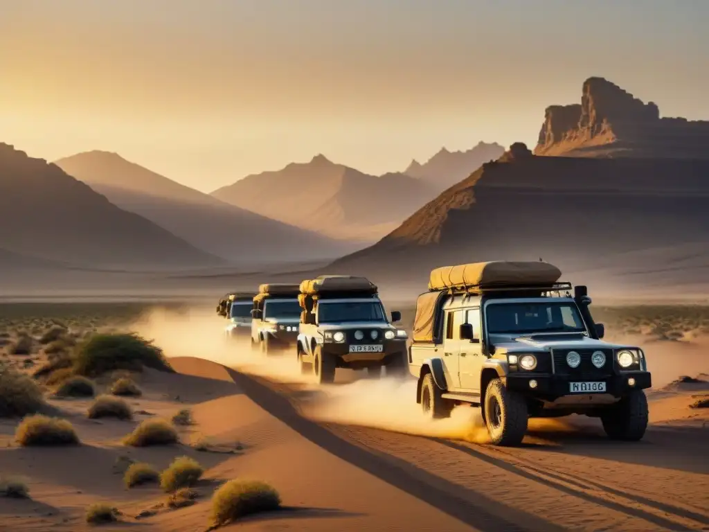 Mejores vehículos 4x4 integrados en la vida de tribus nómadas en desierto al amanecer