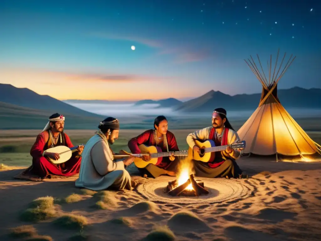 Melodías ancestrales: tribus nómadas en la estepa estrellada Melodías ancestrales de tribus nómadas en la estepa estrellada, músicos envueltos en tradición