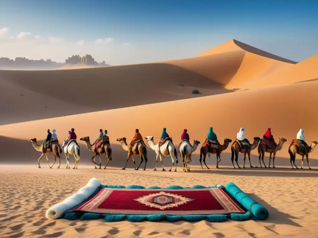Un mercado bullicioso en el desierto, donde tribus nómadas intercambian bienes bajo el sol