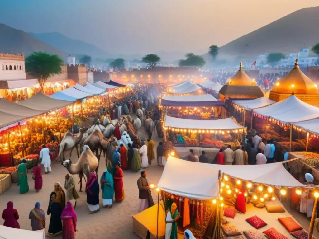 Un mercado bullicioso en Pushkar durante la Feria del Camello, con tribus nómadas y tradiciones festivas