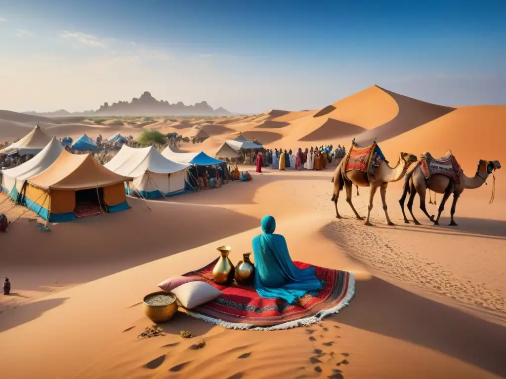 Un mercado bullicioso en un oasis del desierto, con elementos nómadas en vestimenta y exóticos productos bajo el cielo azul