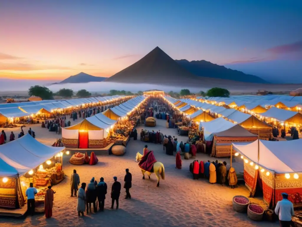 Mercado nómada bullicioso al atardecer, comercio de textiles, especias y ganado entre caravanas, creando una economía dinámica y rica en cultura