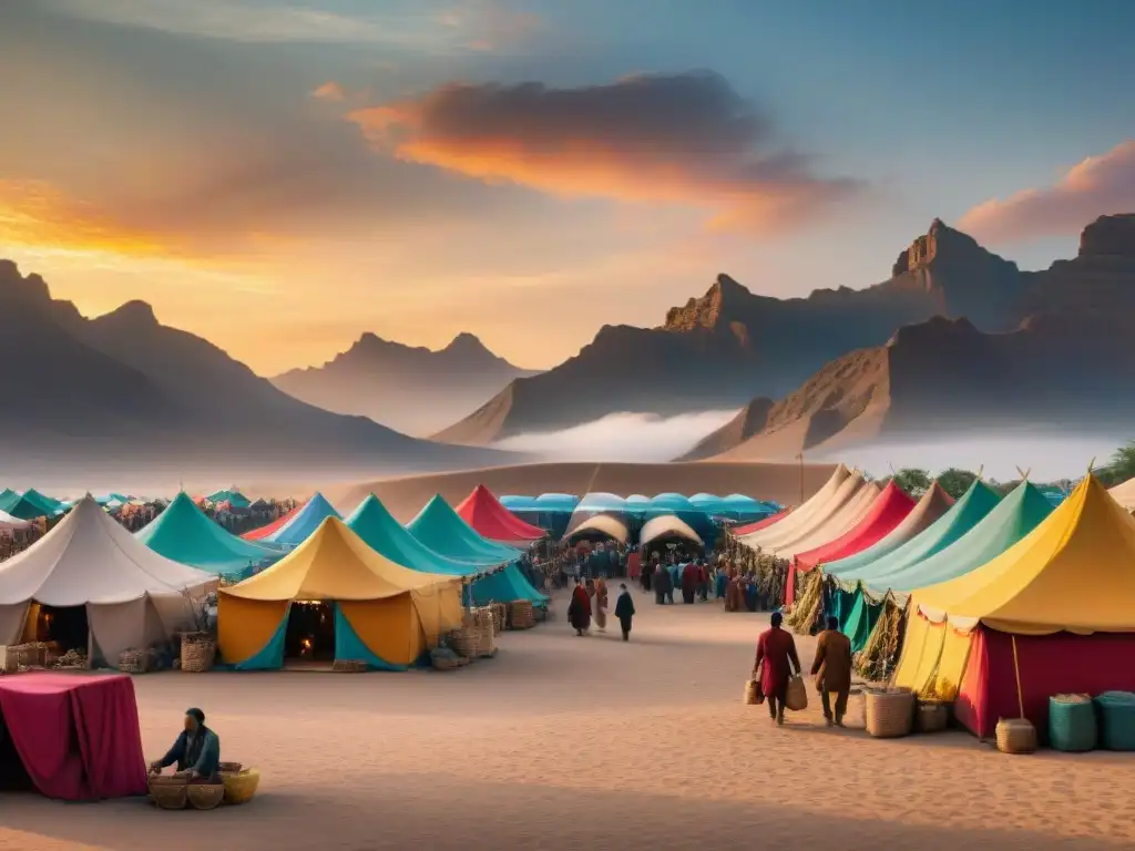 Un mercado nómada bullicioso con coloridos puestos de artesanía y bienes, personas diversas intercambiando en un desierto al atardecer