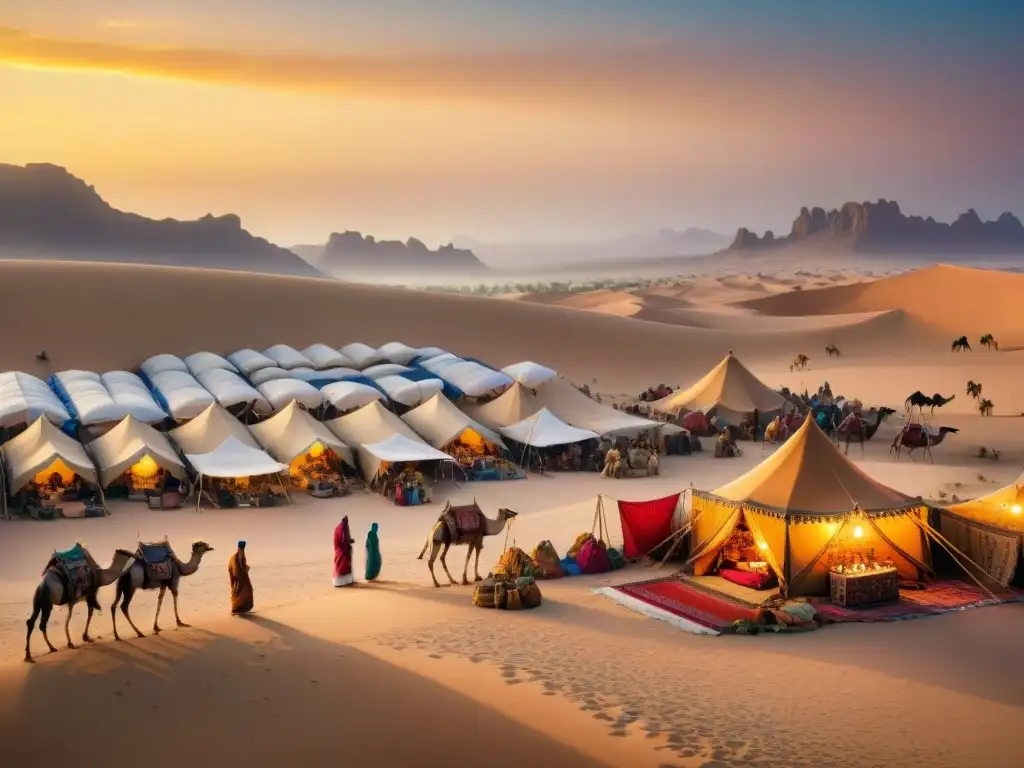 Un mercado nómada bullicioso en un desierto vasto al atardecer