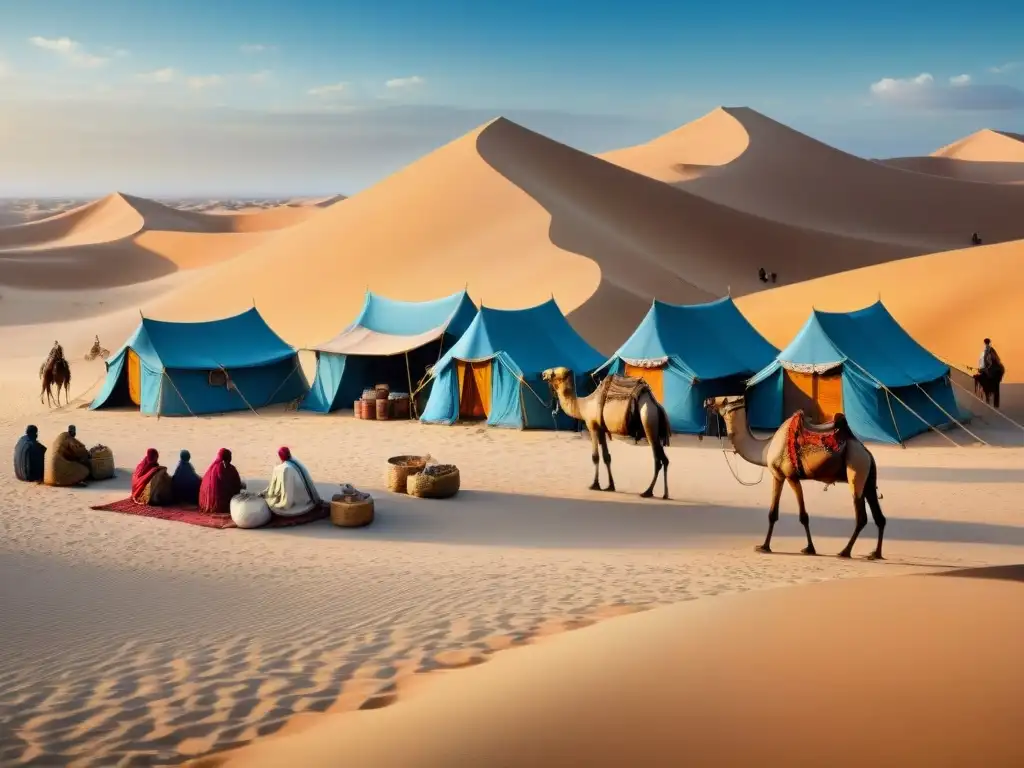 Un mercado nómada bullicioso en el desierto, donde tribus intercambian especias, textiles y joyas