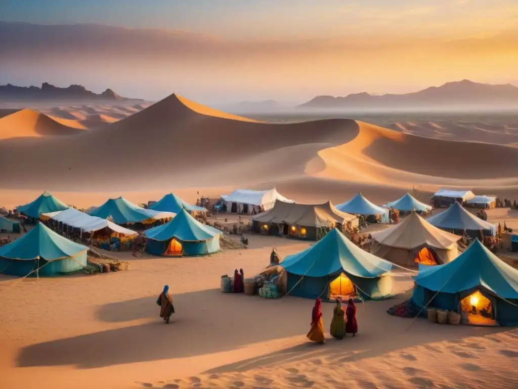 Mercado nómada en un desierto atardeciendo, con tiendas tradicionales y artesanías coloridas