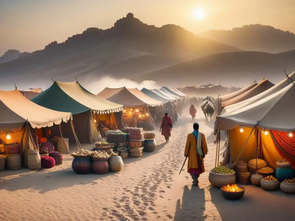 Un mercado nómada moderno en el desierto, con coloridos puestos y tribus comerciando, bajo el cálido atardecer dorado