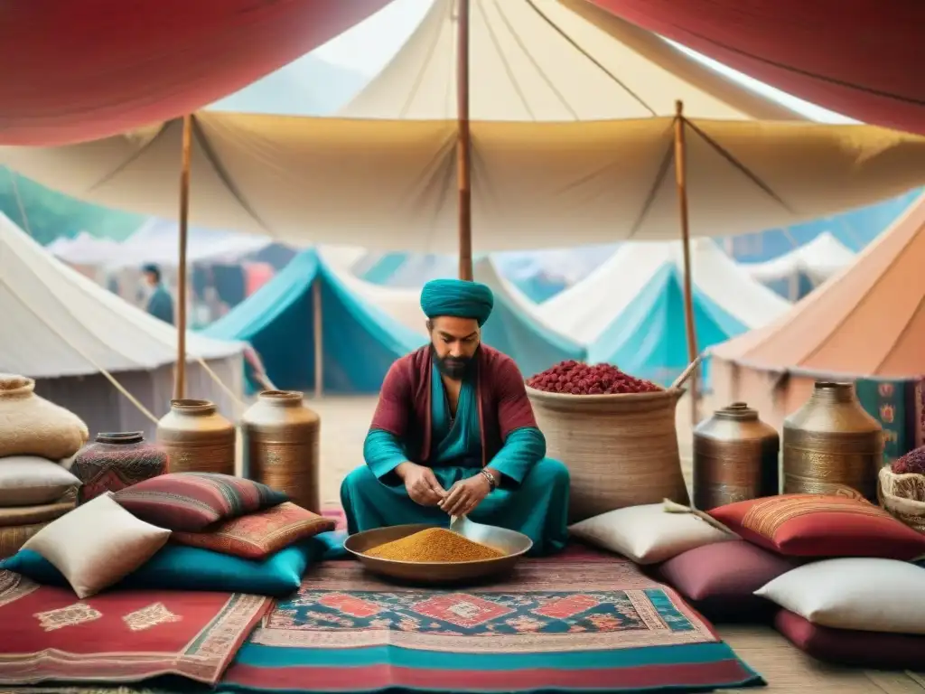 Mercados nómadas como centros culturales: Escena colorida de mercado en Asia Central con textiles, especias y artesanía bajo carpas vintage