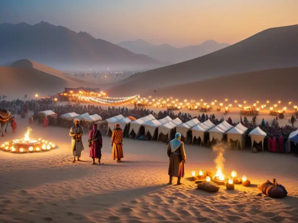 Mercados nómadas como centros culturales: Animado mercado en el desierto con coloridos tejidos, vendedores y camellos al atardecer