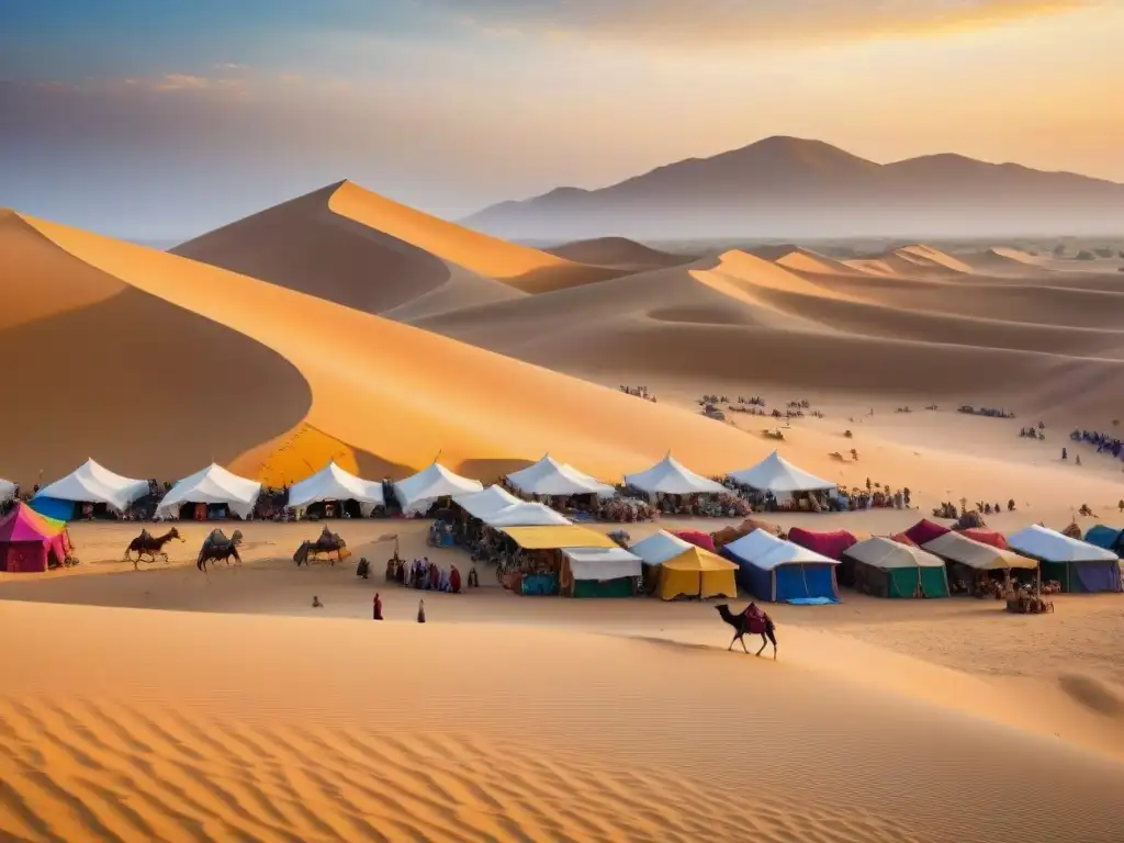 Mercados nómadas como centros culturales: Escena vibrante de un bullicioso mercado en el desierto al atardecer