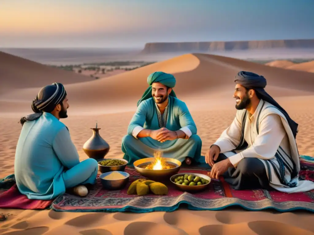 Una mesa repleta de manjares tradicionales rodeada de Beduinos en la noche del desierto