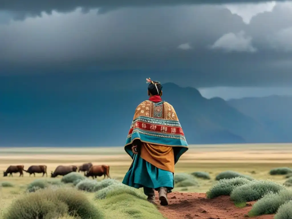 Un miembro de tribu nómada envuelto en rica ropa tradicional, en la estepa ventosa