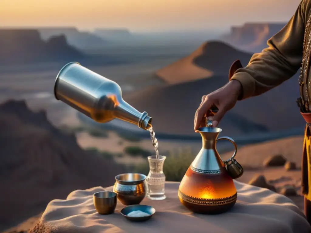 Nomada ancestral vertiendo elixir en desierto al atardecer Un miembro de tribu nómada vierte tónico en desierto al atardecer